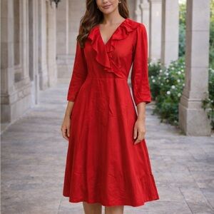 H&M Red Flouce Neckline Dress Midi Size XS Elegant Cocktail